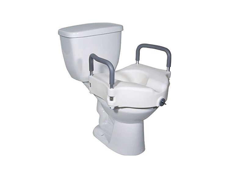 Raised toilet seat with arms for seniors